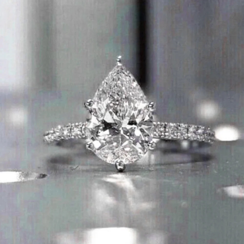 😍Anillos Pear Water Drop Crystal Clear Zircon Silver Fashion Ring Women, L105